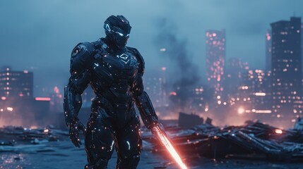 Futuristic Cyborg Soldier in Post-Apocalyptic City Landscape.