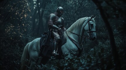 Fototapeta premium Knight on Horseback in the Dark Forest - Medieval Warrior in Armor