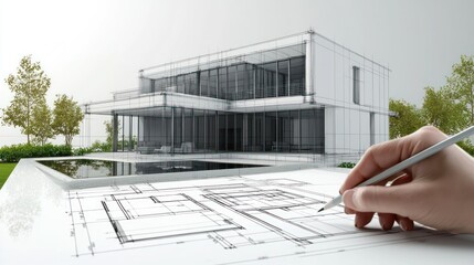 A hand drawing blueprints of a modern house design on a drafting table, with a ruler and pencil