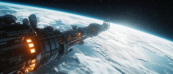 Futuristic Spaceship Orbiting Earth with Stunning Cloud Formations and Starry Sky.