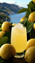 Refreshing Lemonade Glass Surrounded by Fresh Lemons on a Scenic Mediterranean Coastline with Lush...