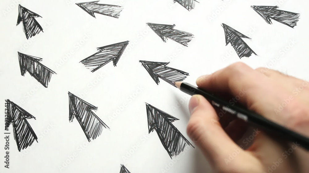 Poster a hand drawing multiple arrows pointing in different directions, illustrating movement and choice