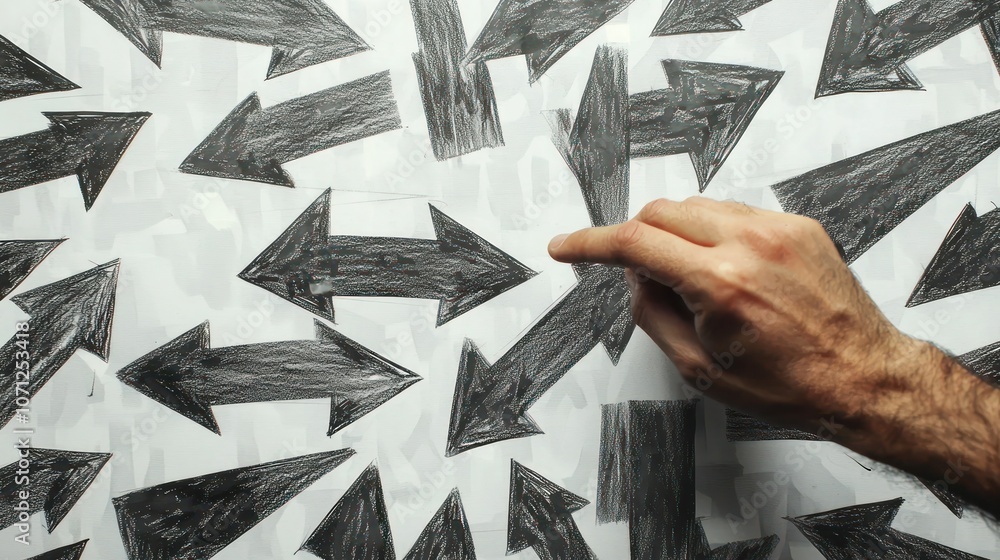 Poster a hand drawing multiple arrows pointing in different directions, illustrating movement and choice