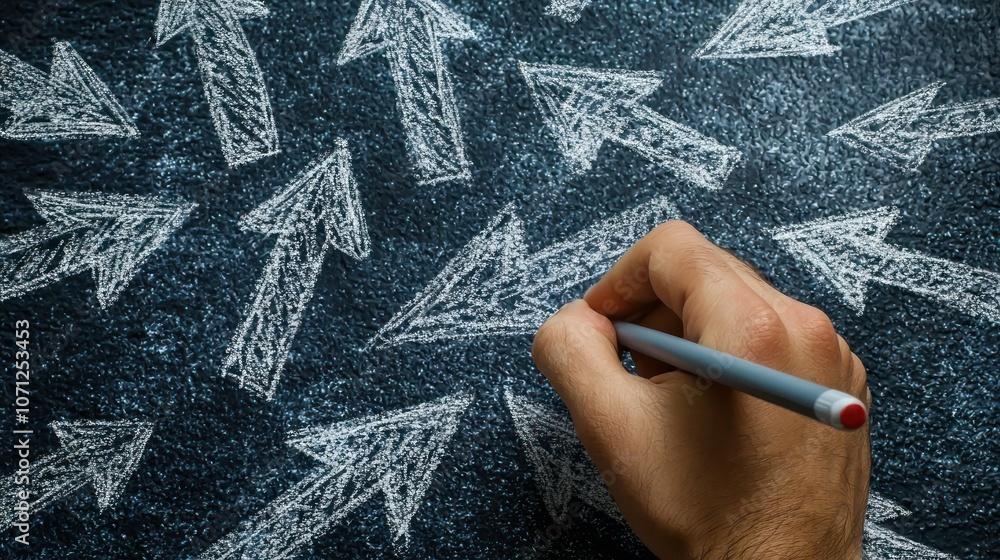 Poster a hand drawing multiple arrows pointing in different directions, illustrating movement and choice