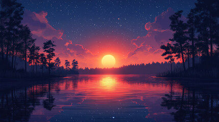 serene sunset over tranquil lake, with vibrant colors reflecting on waters surface. sky is filled with stars, creating peaceful and dreamy atmosphere