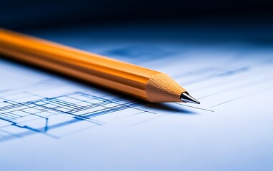 A close-up of a sharpened orange pencil resting on a blueprint, showcasing the design's precision and creativity.