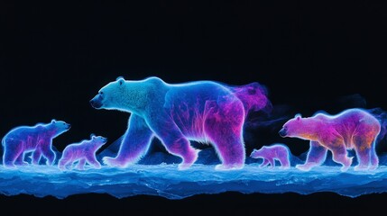 Family of Polar Bears Walking Across Arctic Ice
