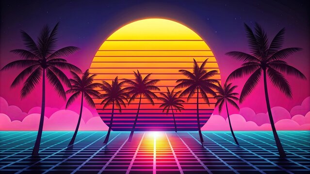 A Retro Sunset Landscape Featuring Silhouettes of Palm Trees Against a Gradient Sky and a Geometric Grid