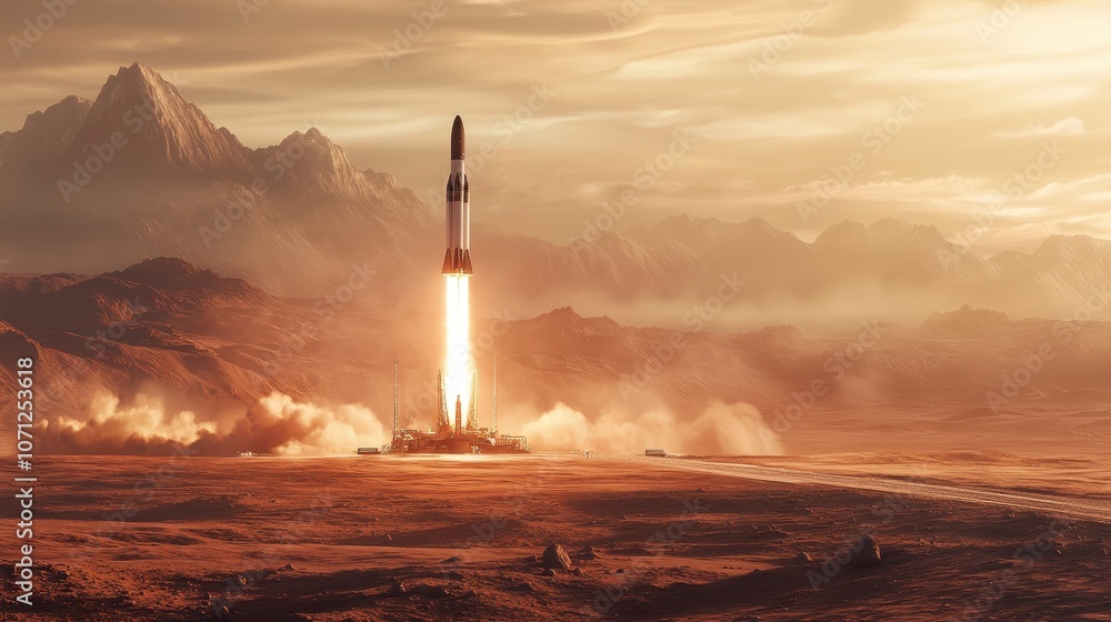 Poster rocket launch on mars with mountain range and dramatic sky.