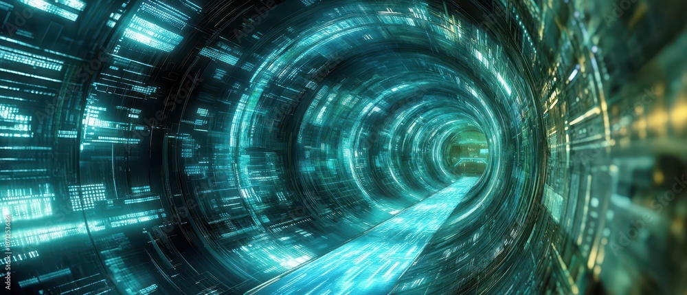 Poster futuristic cyberspace tunnel with glowing blue digital code - abstract 3d render.