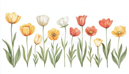 A colorful illustration of various tulips in shades of yellow, white, and red, with green leaves, arranged harmoniously.