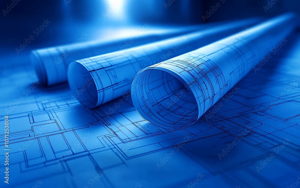 Poster a close-up of rolled blue architectural blueprints resting on a detailed planning background, illumi