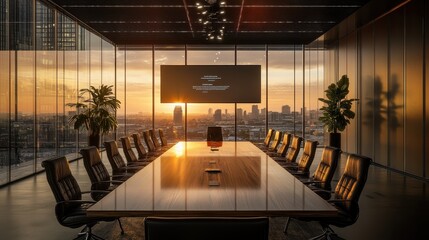 Modern Boardroom Meeting Room With City Skyline View And Sunset - 3D Rendering
