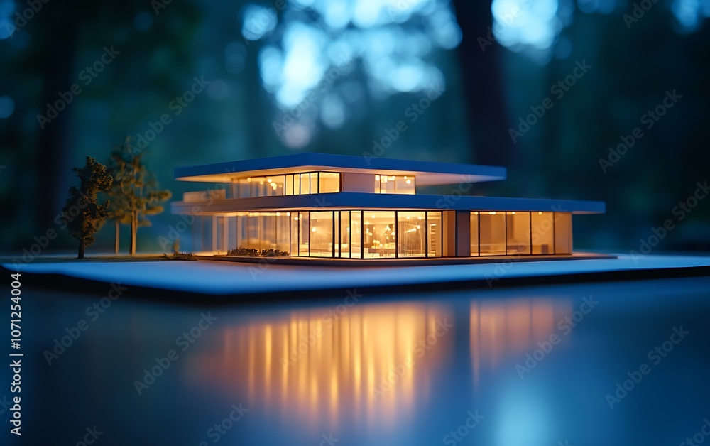 Poster a modern architectural model featuring large glass windows and a serene atmosphere, illuminated beau