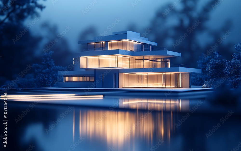 Poster a modern multi-tiered house with illuminated windows, reflecting on a calm body of water, set in a s