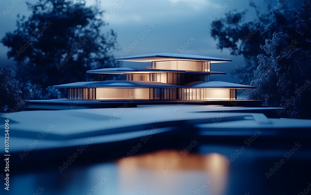Poster a modern architectural model illuminated at night, showcasing sleek lines and multiple levels, set a