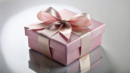 Obraz premium A Delicate Pink Gift Box with a Softly Tied Satin Bow Reflecting on a Smooth Surface
