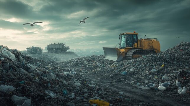 Bulldozer in a Landfill Environmental Crisis of Waste and Pollution.