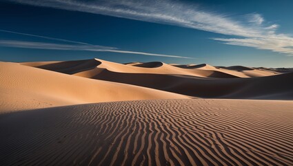Naklejka premium Desert dunes under the clear sky with soft waves in the sand. Created with generative AI technology