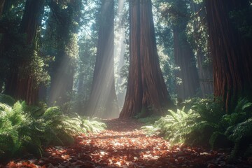 Sunbeams Through Redwood Forest - Mystical Woodland Path With Ferns And Fallen Leaves.