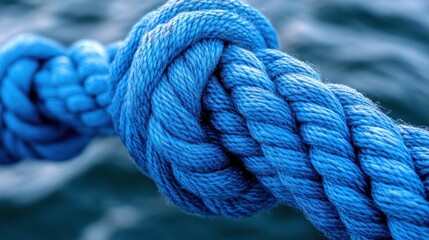 Fototapeta premium Close-up of a knotted blue rope with a blurred background.