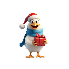 Cheerful Christmas Chicken Holding a Gift