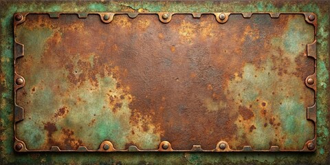 A textured metal plate with a worn, rusted surface framed with a scalloped border and rivets
