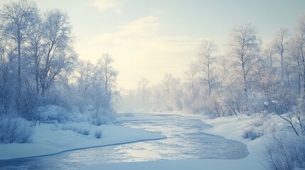 Obraz premium Winter Wonderland Snowy River Flowing Through a Tranquil Forest Landscape.