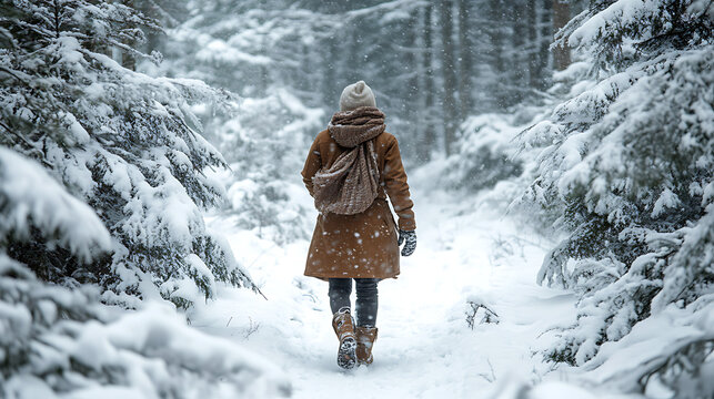 A woman is walking through a snowy forest wearing a brown coat and a white hat