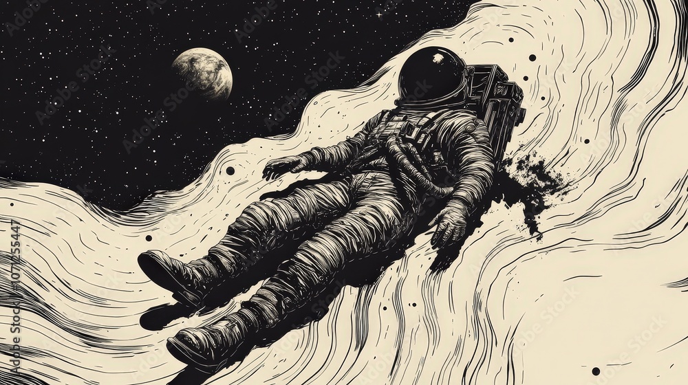 Poster astronaut floating in outer space with distant planets