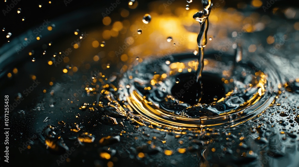 Poster water drop splashing in a pool of liquid, creating a ripple effect and droplets flying off.