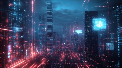 Futuristic Cityscape with Neon Lights and Digital Data Streams.
