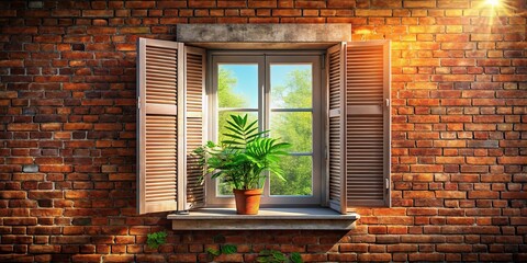 Sunlight streaming through an open window with wooden shutters, revealing a potted plant on a brick wall.