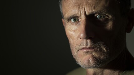 Fototapeta premium Portrait of Redemption: Middle-Aged Man Reflecting on Troubled Past with Elements of Former Life - Ultra-Detailed Photo