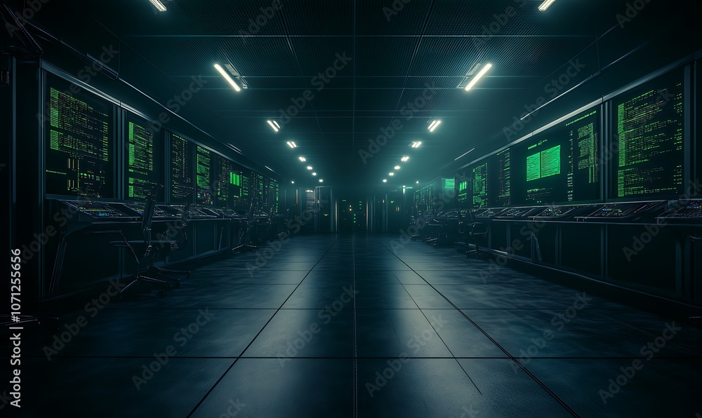 Poster a dimly lit data center featuring glowing green screens and a futuristic atmosphere, evoking a high-