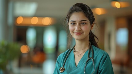Fototapeta premium Confident Young Female Doctor In Green Scrubs With Stethoscope, Medical Healthcare Professional