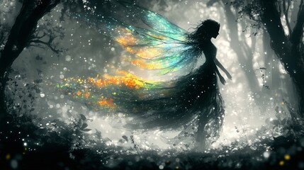 Elegant Fairy with Translucent Wings Floating in Air