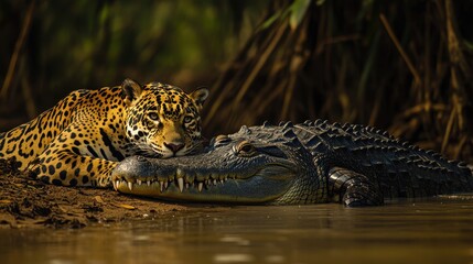 Fototapeta premium Jaguar and Caiman Sharing the Riverbank - Wildlife Photography