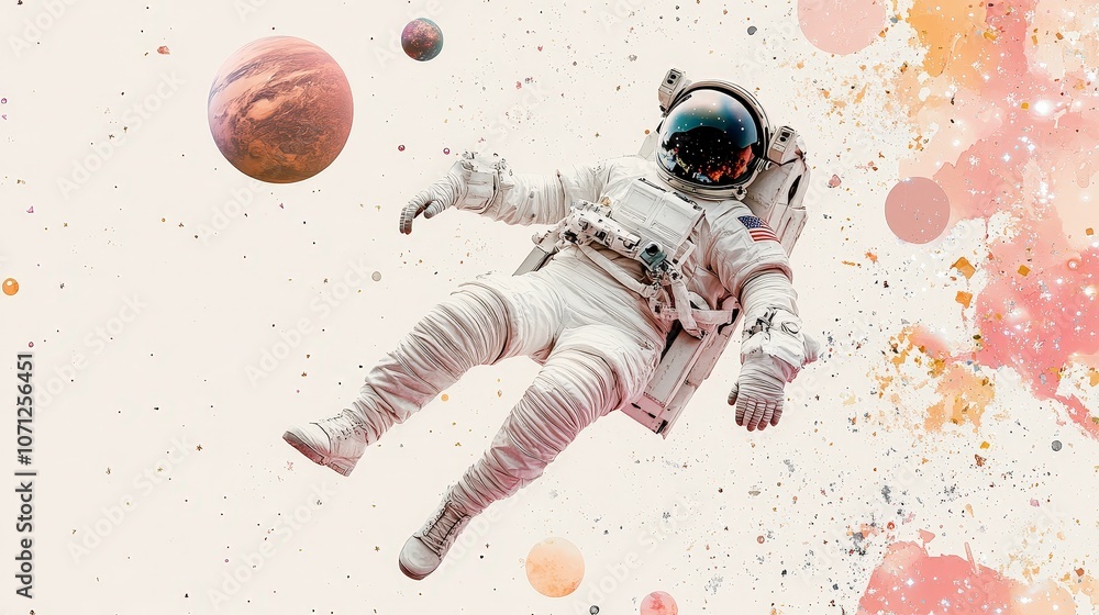 Poster astronaut floating in space with distant planets