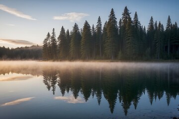 Obraz premium Tranquil lake reflecting surrounding pine trees at dawn. Created with generative AI technology