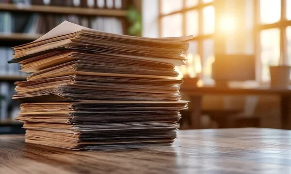 A large stack of papers sits on a wooden desk in front of a window with a bright, sunny background.