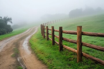 Fototapeta premium Misty Morning Country Road with Wooden Fence and Green Grass.