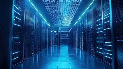 Blue Neon Lights Illuminate a Server Room Corridor in Modern Data Center.
