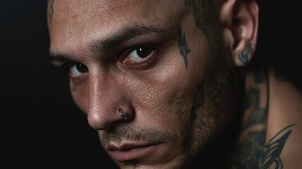 Fototapeta premium Intense Close-Up of Tattooed Man Emitting Street Rebellion Vibes in Urban Setting