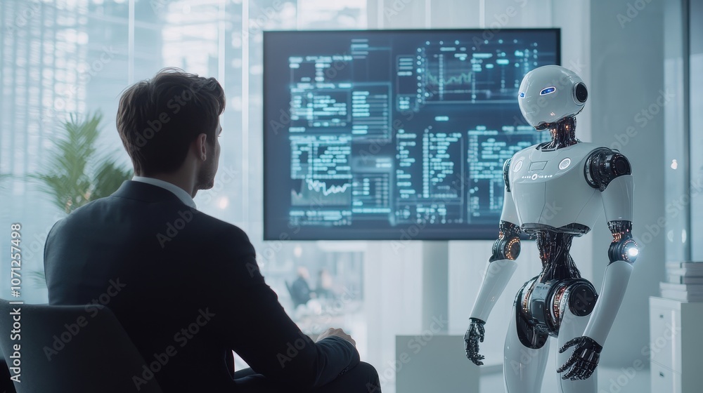 Poster businessman and robot discussing data and statistics on a large screen in a modern office