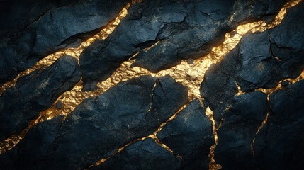 Close-up of cracked black stone with glowing golden veins.