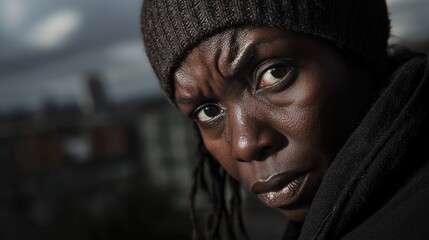 Fototapeta premium Portrait of Resilience: Haunting Image of Woman with Defiance and Vulnerability in Urban Setting