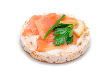 Rice Cake Sandwich with Fresh Salmon, Lemon and Greens - Isolated on White Background. Diet Food. Quick and Healthy Sandwiches. Crispbread with Fresh Fillings. Healthy Dietary Snack