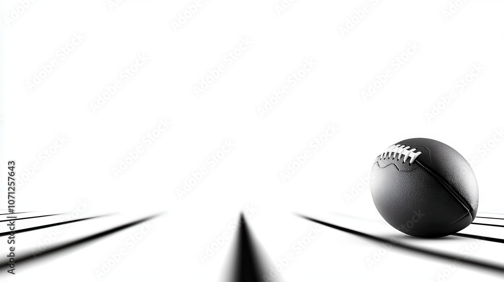 Poster black and white image of football on field with yard lines, creating minimalist and dynamic composit