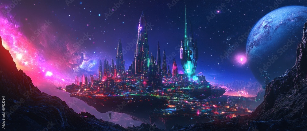 Poster futuristic city on a floating island with a planet and nebula in the background